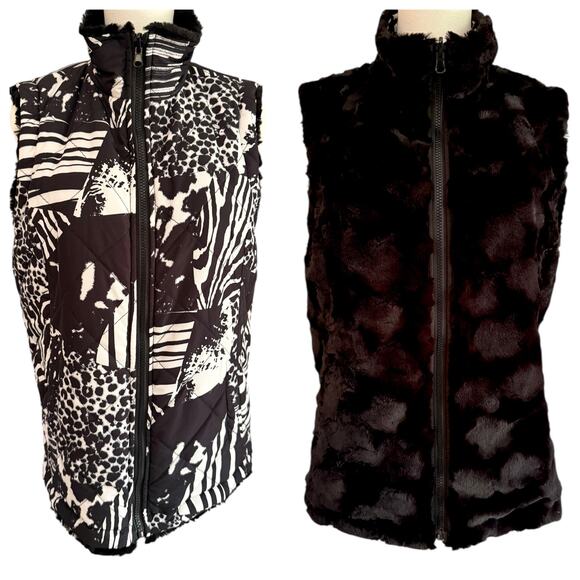 Reversible Vest Small Animal Print & Faux Fur Black Zip Up Sleeveless Jacket - Picture 1 of 5